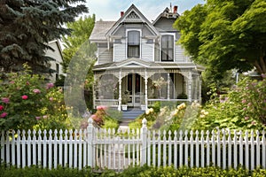 victorian house, with grand porch and white picket fence, surrounded by lush greenery