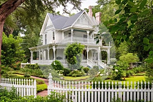 victorian house, with grand porch and white picket fence, surrounded by lush greenery