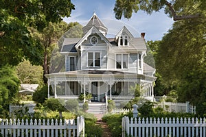 victorian house, with grand porch and white picket fence, surrounded by lush greenery