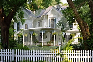 victorian house, with grand porch and white picket fence, surrounded by lush greenery