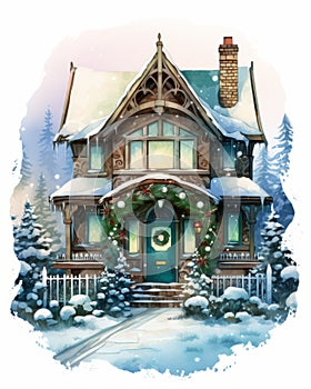Victorian house winter holiday illustration