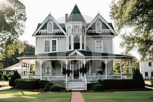 victorian house with wrap-around porch and rocking chairs on the front