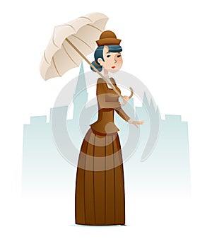 Victorian Lady Businesswoman Wealthy Cartoon Character Icon on Stylish English City Background Retro Vintage Great