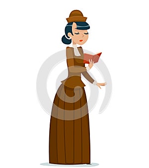 Victorian lady character reading book retro vintage great britain cartoon design vector illustration