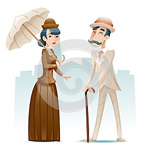 Victorian Lady and Gentleman Wealthy Cartoon Characters Icons on Stylish English City Background Retro Vintage Great