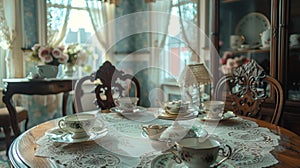 Victorian london parlor high tea setup, detailed furniture, delicate china patterns, lace curtains