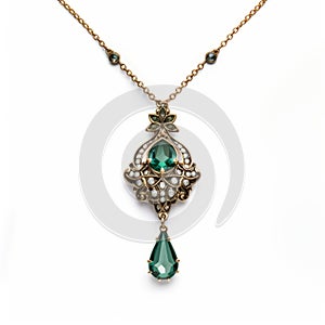 Victorian Ornate Necklace With Green Stones - Dark Teal And Light Aquamarine