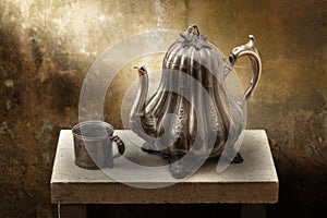 Victorian pewter coffee pot and cup photo