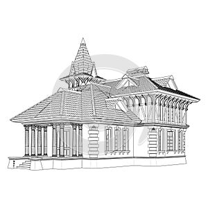 Victorian Residential House Vector. Illustration Isolated On White.
