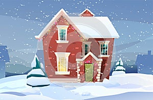 Victorian retro style building with fir tree at yard, light from windows, lanterns for xmas. Christmas celebration decor. Cartoon