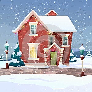 Victorian retro style building with fir tree at yard, light from windows, lanterns for xmas. Christmas celebration decor. Cartoon