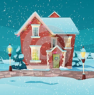 Victorian retro style building with fir tree at yard, light from windows, lanterns for xmas. Christmas celebration decor. Cartoon