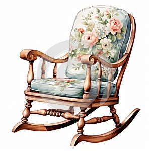 Victorian Rocking Chair With Floral Cushion - Realistic Watercolorist Style