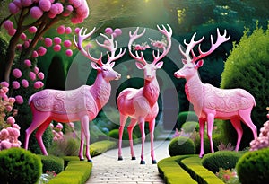Victorian Stags Amidst Whimsical Garden Delights