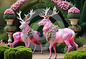 Victorian Stags Amidst Whimsical Garden Delights