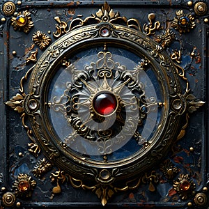 Victorian Steampunk Border For Magic Show, A Gold And Blue Metal With A Red Gem