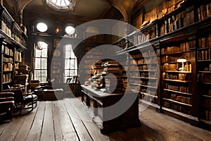 Victorian-style bookstore with aged books and antiqued atmosphere