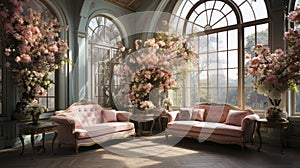 Victorian-style conservatory with ornate sofa and lush floral arrangements by expansive arched windows.