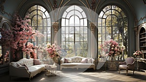 Victorian-style conservatory with ornate sofa and lush floral arrangements by expansive arched windows.