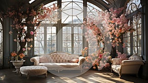 Victorian-style conservatory with ornate sofa and lush floral arrangements by expansive arched windows.