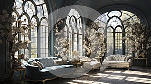 Victorian-style conservatory with ornate sofa and lush floral arrangements by expansive arched windows.