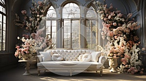 Victorian-style conservatory with ornate sofa and lush floral arrangements by expansive arched windows.