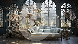 Victorian-style conservatory with ornate sofa and lush floral arrangements by expansive arched windows.