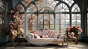 Victorian-style conservatory with ornate sofa and lush floral arrangements by expansive arched windows.