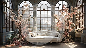 Victorian-style conservatory with ornate sofa and lush floral arrangements by expansive arched windows.