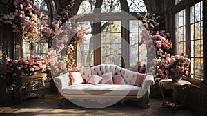 Victorian-style conservatory with ornate sofa and lush floral arrangements by expansive arched windows.