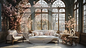 Victorian-style conservatory with ornate sofa and lush floral arrangements by expansive arched windows.