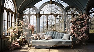Victorian-style conservatory with ornate sofa and lush floral arrangements by expansive arched windows.