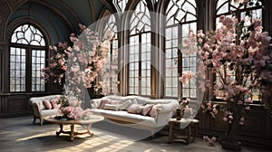 Victorian-style conservatory with ornate sofa and lush floral arrangements by expansive arched windows.