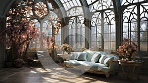 Victorian-style conservatory with ornate sofa and lush floral arrangements by expansive arched windows.