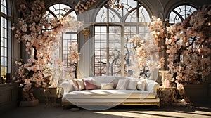 Victorian-style conservatory with ornate sofa and lush floral arrangements by expansive arched windows.