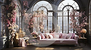 Victorian-style conservatory with ornate sofa and lush floral arrangements by expansive arched windows.