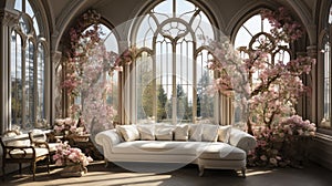 Victorian-style conservatory with ornate sofa and lush floral arrangements by expansive arched windows.