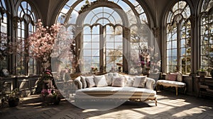 Victorian-style conservatory with ornate sofa and lush floral arrangements by expansive arched windows.