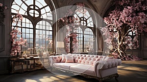 Victorian-style conservatory with ornate sofa and lush floral arrangements by expansive arched windows.