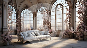 Victorian-style conservatory with ornate sofa and lush floral arrangements by expansive arched windows.