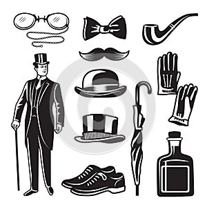 Victorian style monochrome illustrations for gentleman club. Vector pictures set