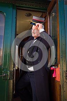 Victorian train conductor greeting