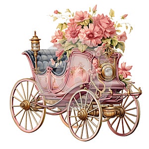 Victorian watercolor pink carriage with flowers illustration, vintage victorian pink clipart