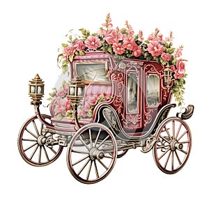 Victorian watercolor pink carriage with flowers illustration, vintage victorian pink clipart