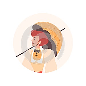 Victorian woman with an umbrella in fashion dress, 18th, 19th century, cartoon vector isolated illustration in frame
