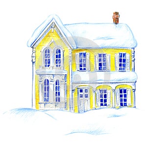 Victorian yellow house. Winter. Snow.