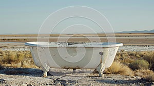 A Victorianstyle bathtub situated in the middle of a dry dusty prairie.