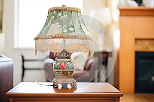 victorianstyle lamp with tasseled shade on side table photo