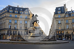 Victories Place in Paris under a pure cold blue sky