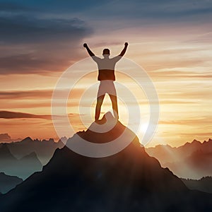 Victorious figure stands atop mountain peak, triumphantly embracing success
